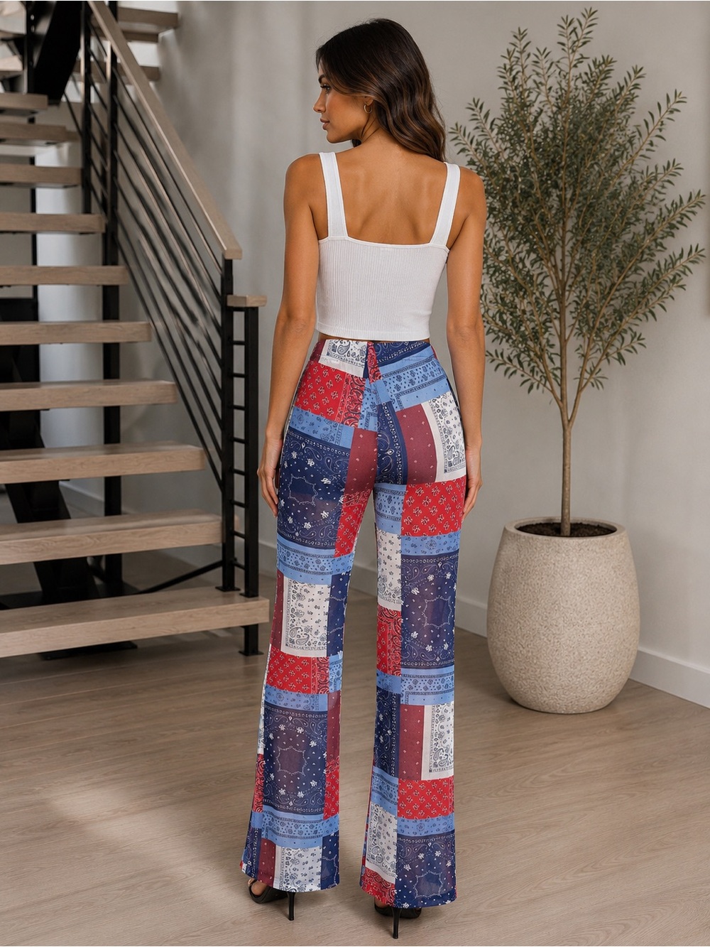 Patchwork Print Wide-Leg Pants - Blue & Red size S - Picture 2 of 6